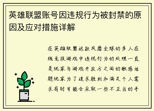 英雄联盟账号因违规行为被封禁的原因及应对措施详解